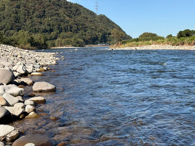 礫の岸と、対岸の山すそを通る線路